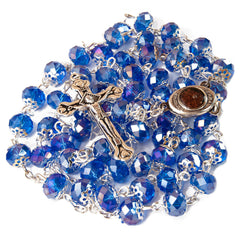 Rosary Prayer Beads INRI Blue Crystal Beaded w/ Holy Soil Jerusalem Necklace 22"