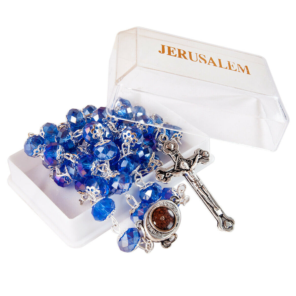 Rosary Prayer Beads INRI Blue Crystal Beaded w/ Holy Soil Jerusalem Necklace 22"