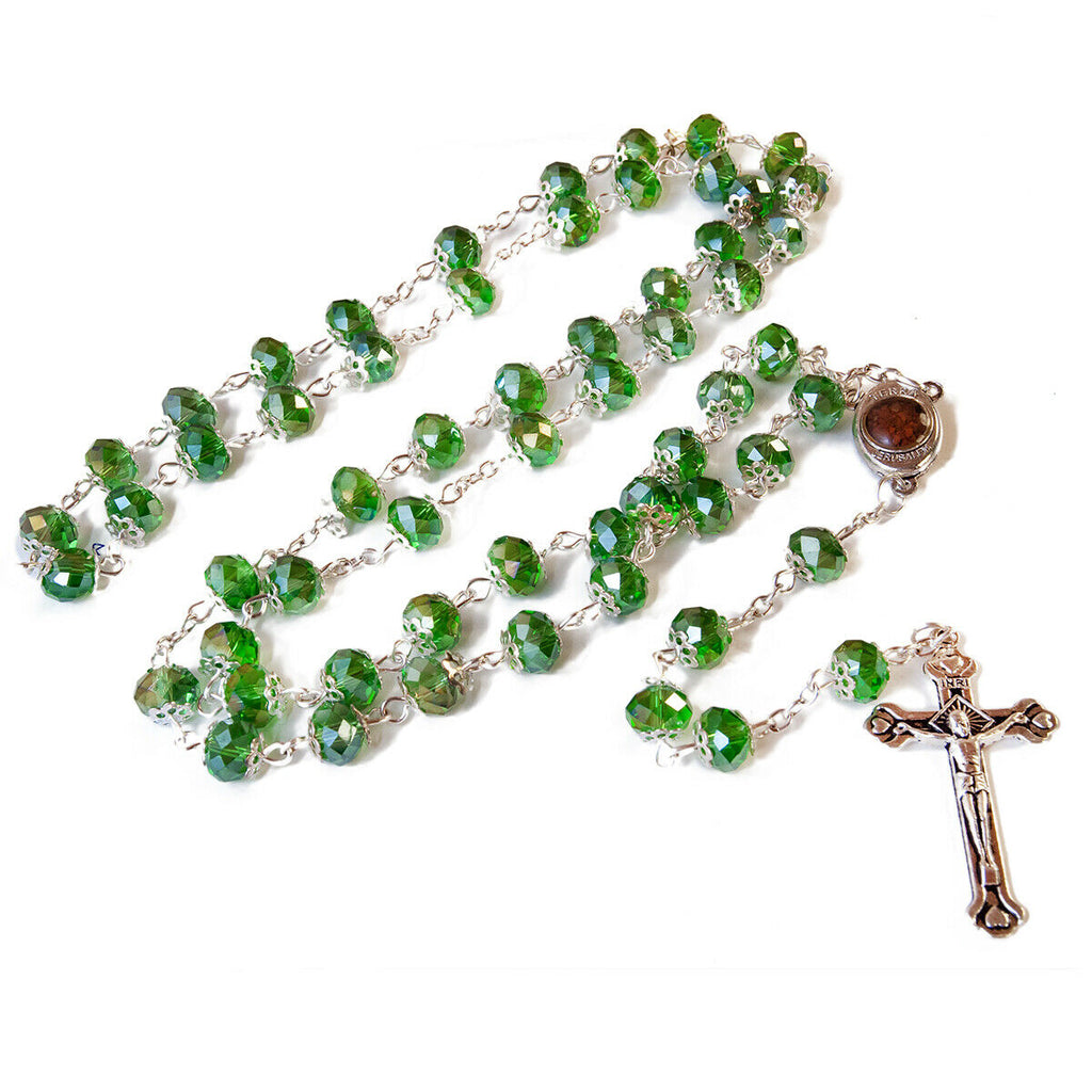 Rosary Prayer Beads INRI Green Crystal Beaded w/Holy Soil Jerusalem Necklace 22"