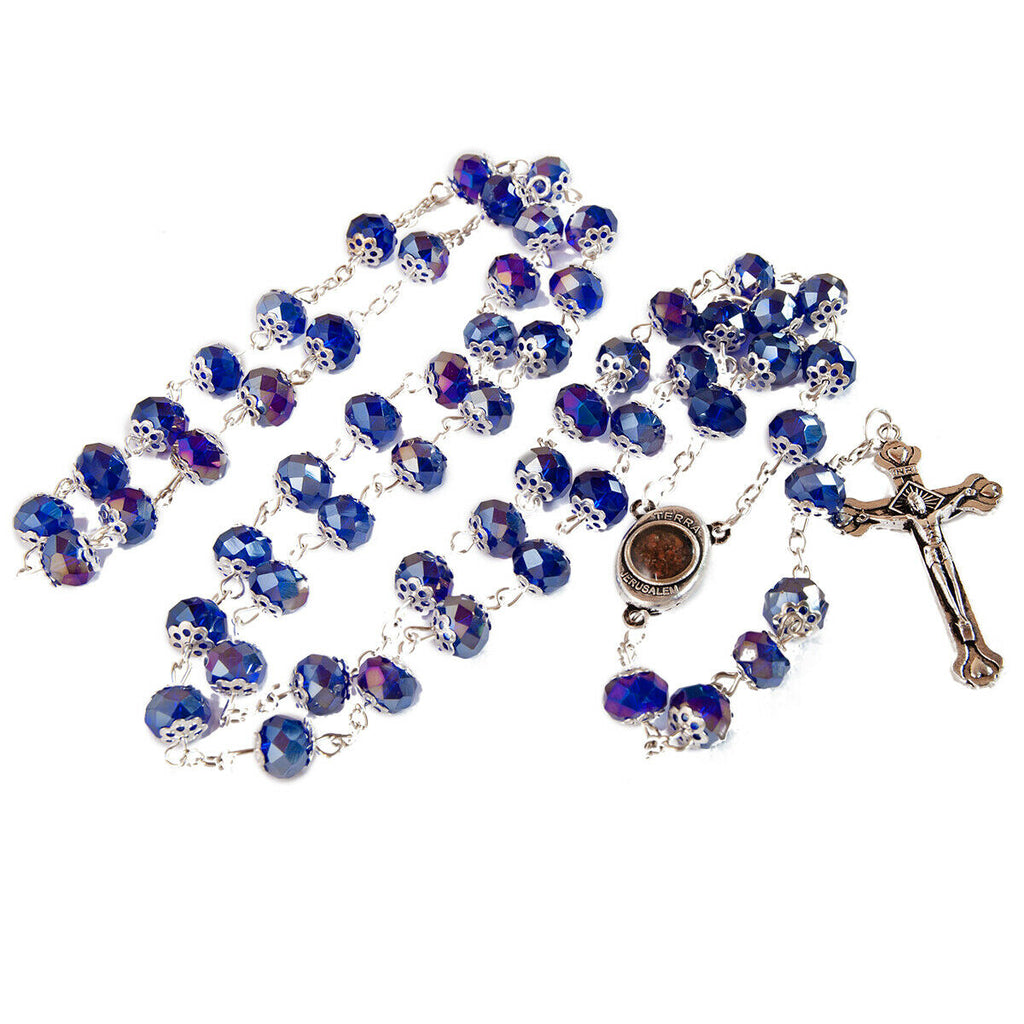 Rosary Prayer Beads INRI Dark Blue Crystal Beaded w/ Holy Soil Jerusalem 22"