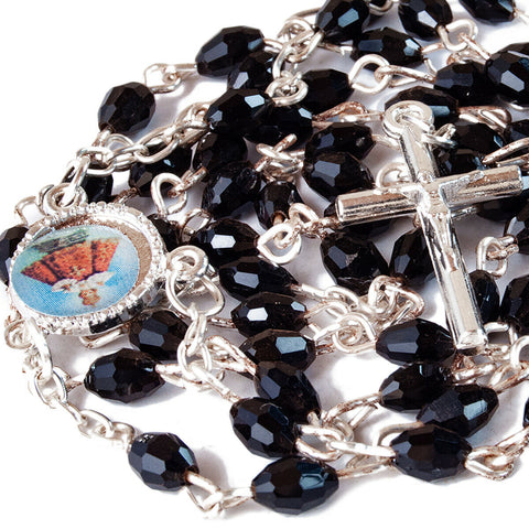 Rosary Prayer Beads INRI Black Crystal Beaded Crucifix Necklace Jerusalem 19"