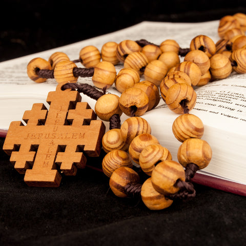 Rosary Beads w/ Wooden Jerusalem Cross from Holy Land 16"