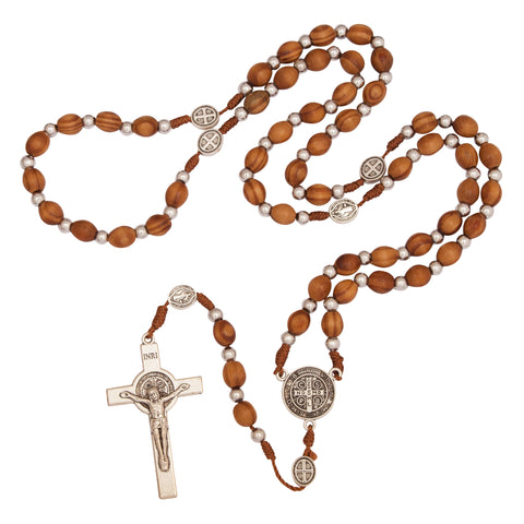 Rosary Wooden Beads w/ Metal Cross Decor and Order of Saint Benedict 21,5"
