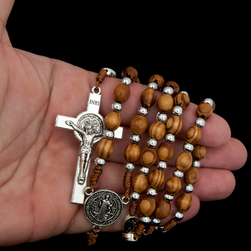 Rosary Wooden Beads w/ Metal Cross Decor and Order of Saint Benedict 21,5"