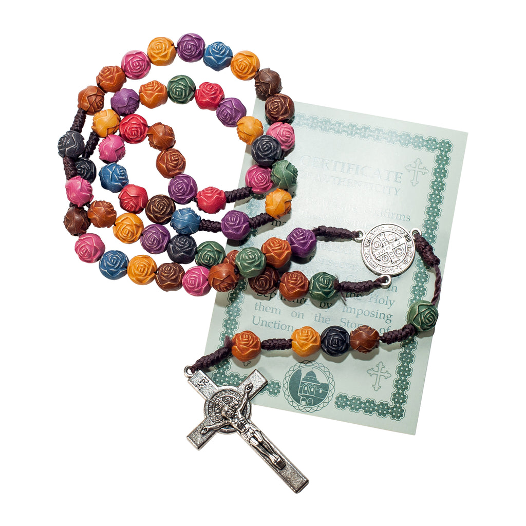 Multicolored Rosary Prayer Beads Christian Order of St. Benedict Crucifix Necklace 19"