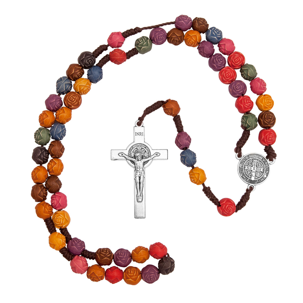 Multicolored Rosary Prayer Beads Christian Order of St. Benedict Crucifix Necklace 19"