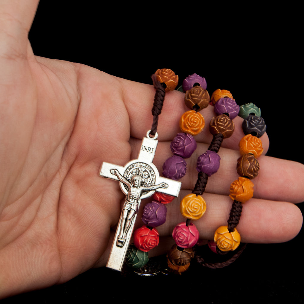 Catholic Cross Necklace with Wooden Beads Rosary Religious Wear