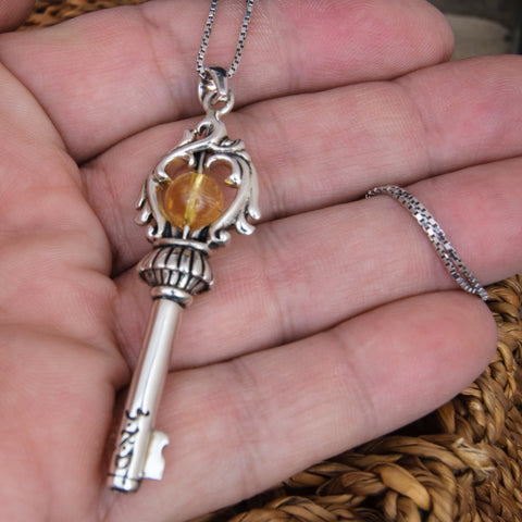 Pendant Key of the Soul Amulet of Wealth Sterling Silver 925, Citrine Gemstone