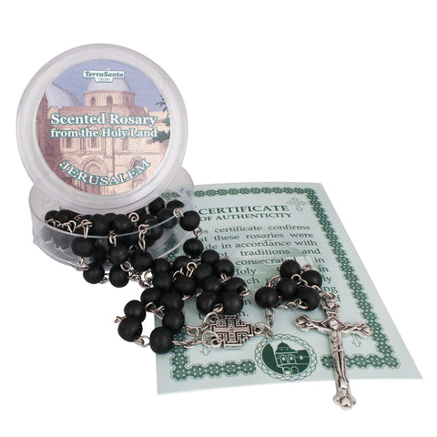 Aroma Wooden Black Rosary w/ Jerusalem Cross Crucifix in Box from Holy Land Gift 18,5"