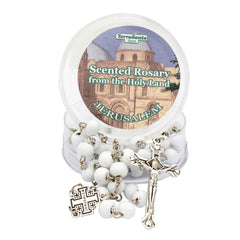 White Aroma Wooden Rosary w/ Jerusalem Cross Crucifix in Box from Holy Land Gift 18,5"