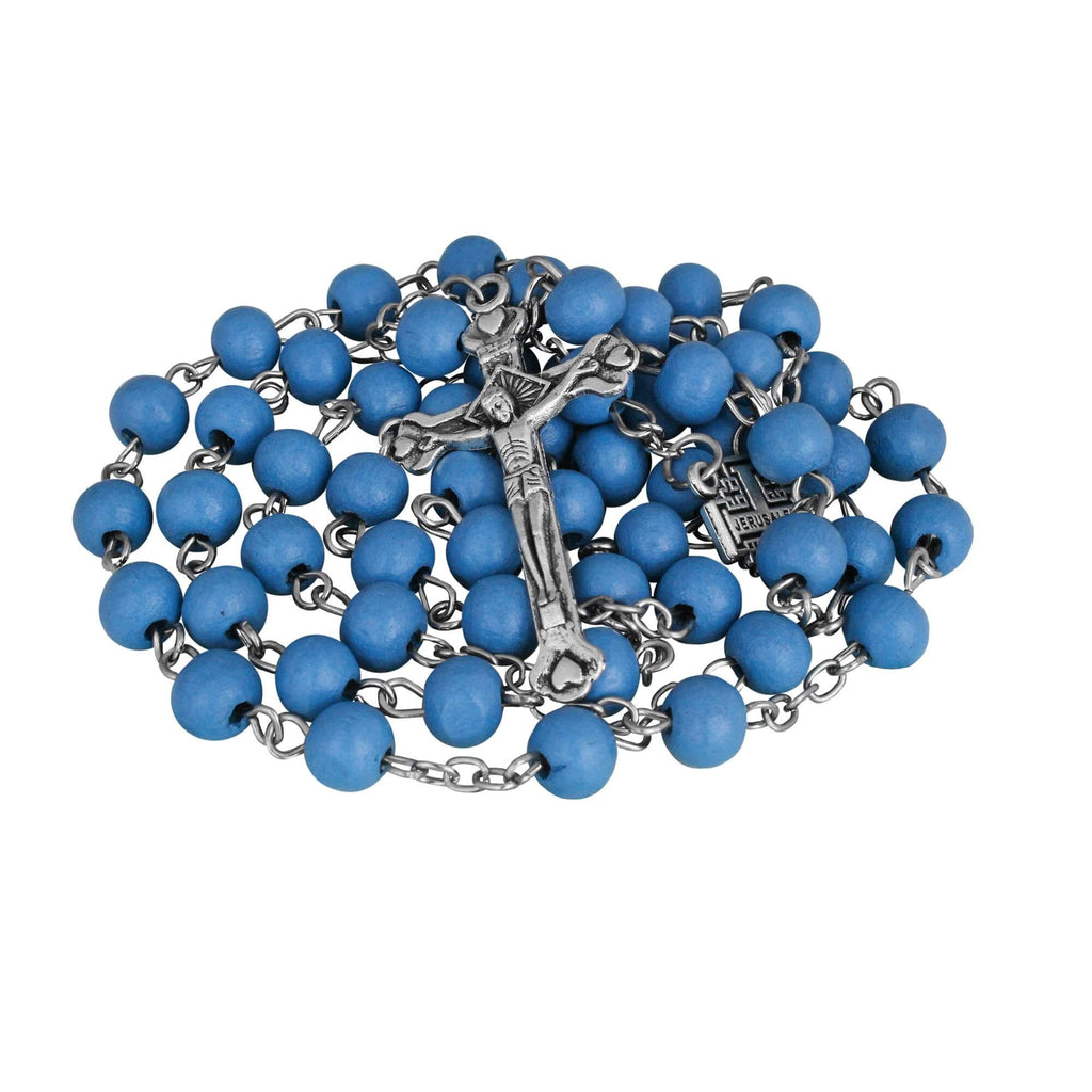 Aroma Blue Wooden Rosary w/Jerusalem Cross Crucifix in Box from Holy Land Gift 18,5"
