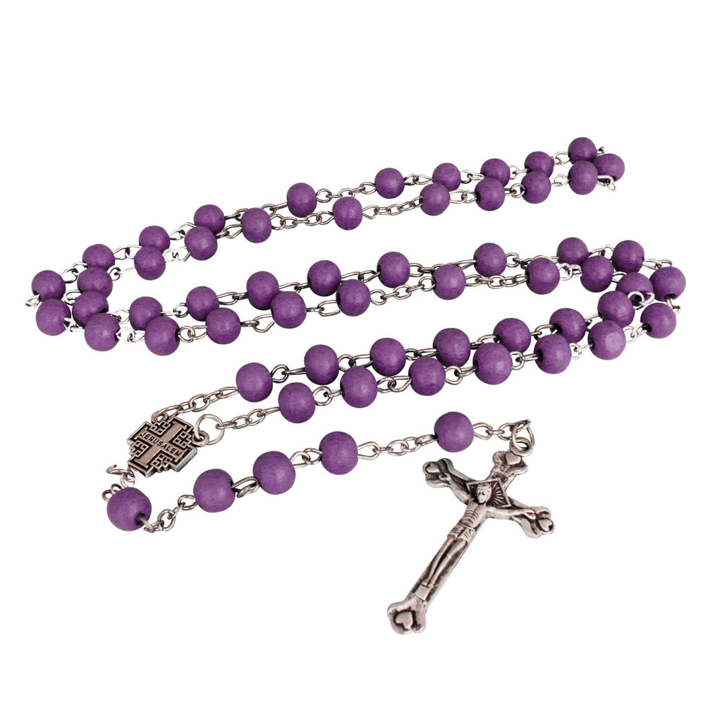 Aroma Wooden Violet Rosary Beads w/Jerusalem Cross Crucifix in Box from Holy Land Gift 18,5"