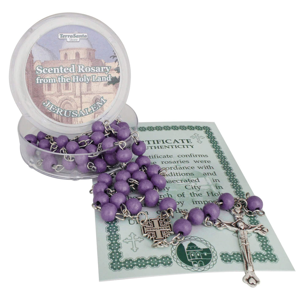 Aroma Wooden Violet Rosary Beads w/Jerusalem Cross Crucifix in Box from Holy Land Gift 18,5"