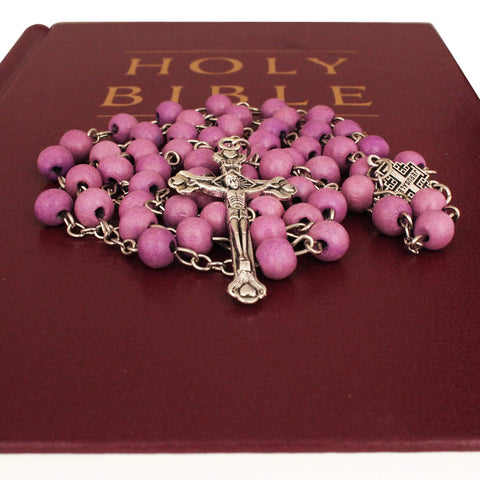 Aroma Pink Wooden Rosary Beads w/Jerusalem Cross Crucifix in Box from Holy Land Gift 18,5"