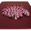 Image of Aroma Pink Wooden Rosary Beads w/Jerusalem Cross Crucifix in Box from Holy Land Gift 18,5"