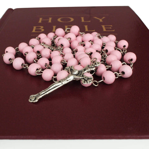 Aroma Light Pink Wooden Rosary Beads w/Jerusalem Cross Crucifix in Box from Holy Land Gift 18,5"