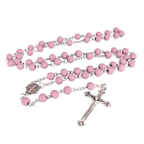 Aroma Light Pink Wooden Rosary Beads w/Jerusalem Cross Crucifix in Box from Holy Land Gift 18,5"