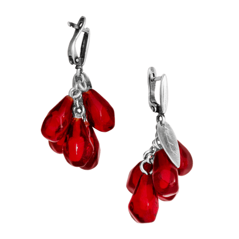 Israel Handmade Earrings Red Glass & Sterling Silver Lampwork Pomegranate Seeds 1,8"