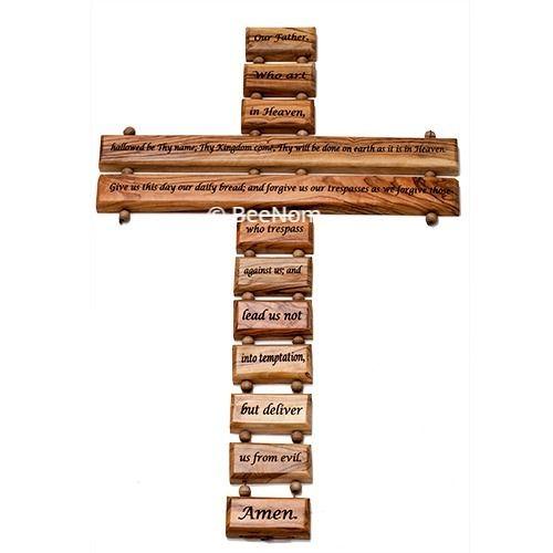 Crucifixes & Crosses - Wall Cross Hand Made With A Lord's Prayer Of Olive Wood Holy Land 18"/45 Cm