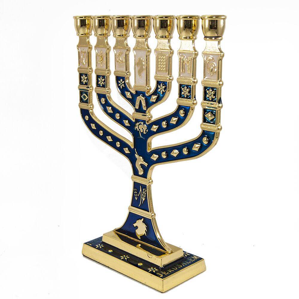 Gold-Blue Enamel Jewish Hanukkah Menorah for 7 Candle from Jerusalem