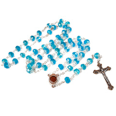 Rosary Prayer Beads INRI Light Blue Crystal Beaded w/ Holy Soil Jerusalem 22