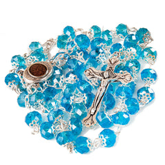 Rosary Prayer Beads INRI Light Blue Crystal Beaded w/ Holy Soil Jerusalem 22"