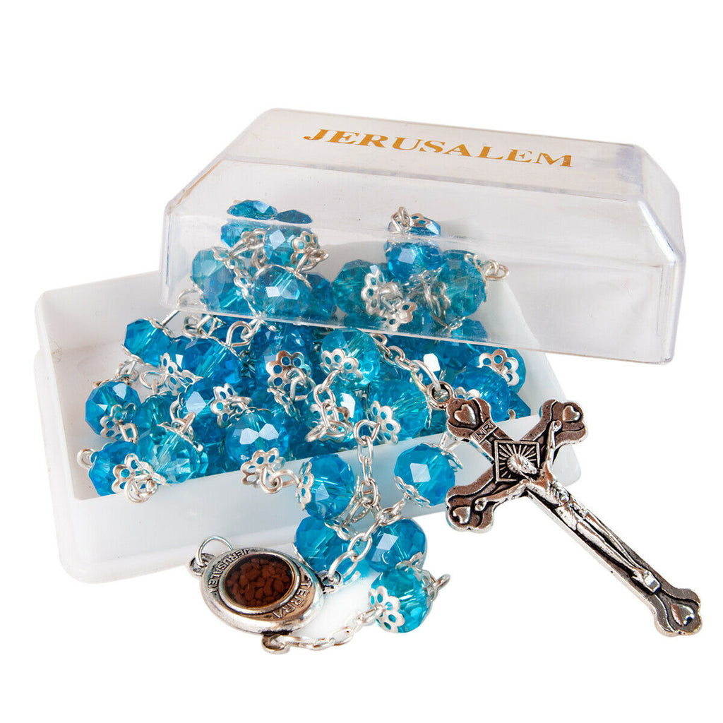 Rosary Prayer Beads INRI Light Blue Crystal Beaded w/ Holy Soil Jerusalem 22"