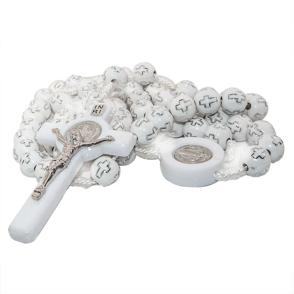 White Rosary Beads Decorated with Cross Decor with Order of Saint Benedict 20"