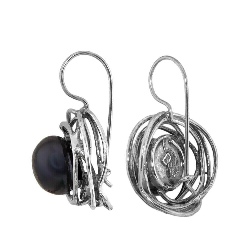 Handmade Sterling Silver Earrings w/Natural Black Pearl from Israel 1,27"