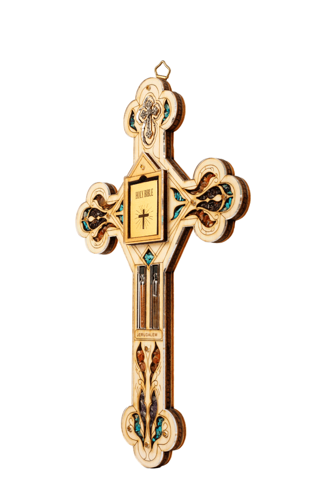Handmade Wooden Christian Cross Ornament Holy Soil and Water Wall Décor-1