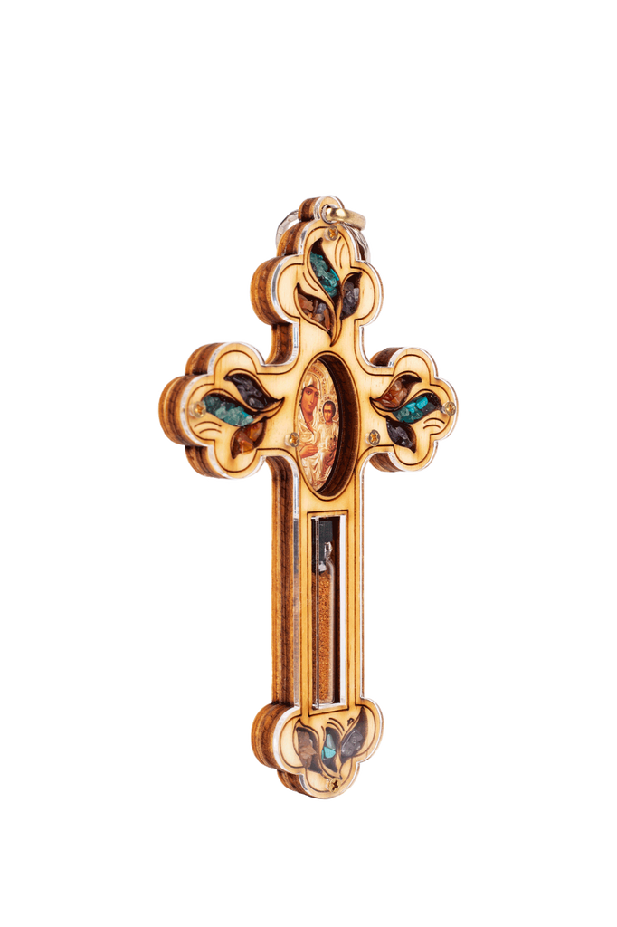 Handmade Cross with Semi-Precious Stones  and Holy Soil from Jerusalem 5.5 inch-6