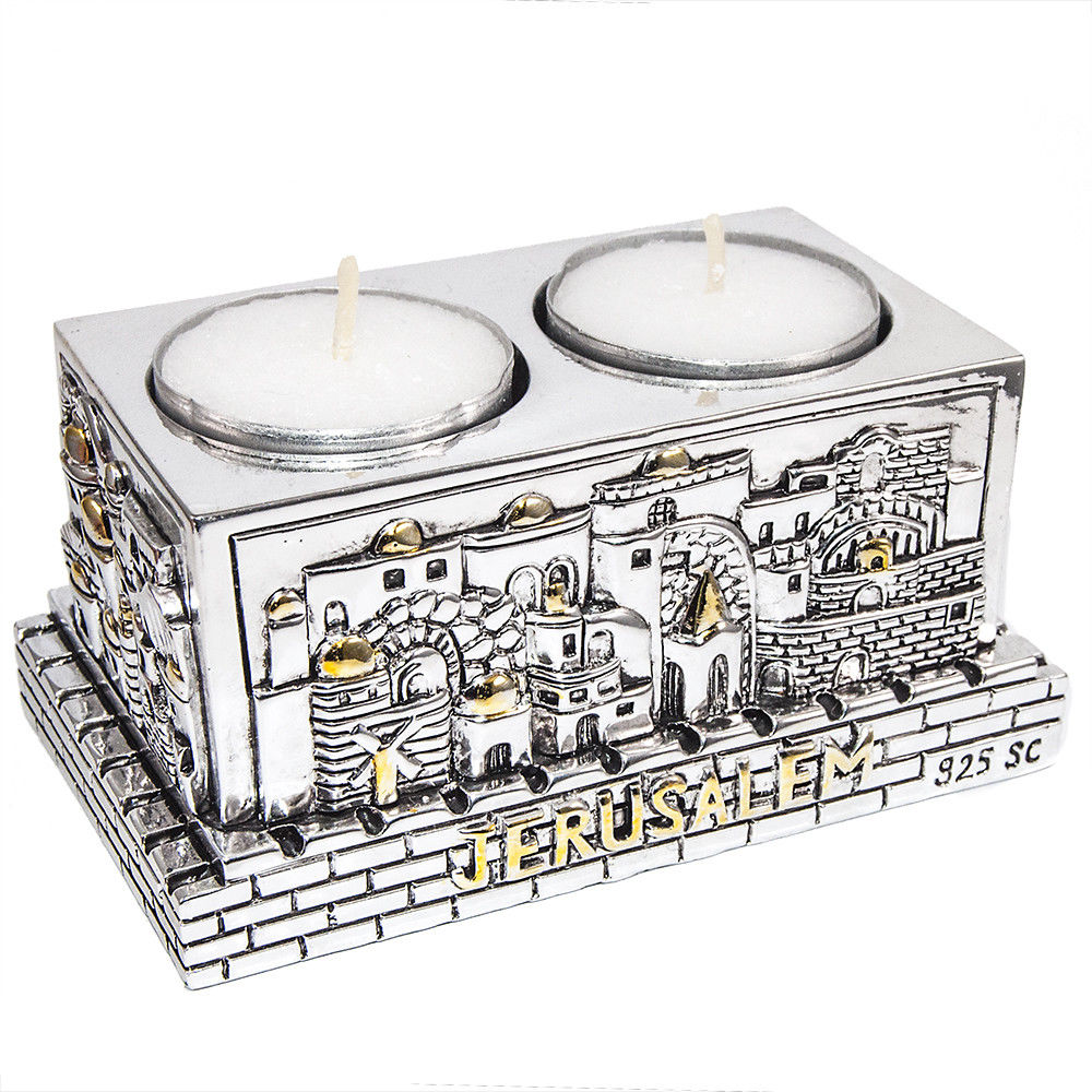 Shabbat Candle Holder Jerusalem Candlestick Silver Plated Elctroforming 4,2x2,5"