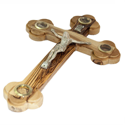 Wall Cross with Crucifix and Vessels with Holy Soil from Jerusalem Olive Wood, 13 cm/5.2 inc