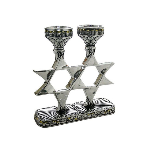 Shabbat Candle Holder Stars of David Candlestick Silver Plated 925 Jerusalem 6"