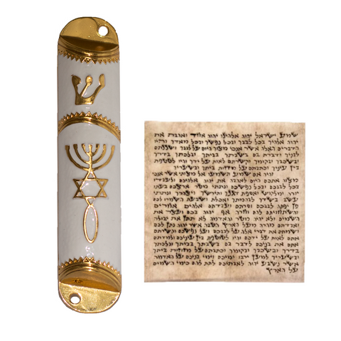 White Enamel Door Mezuzah Scroll Case Shedai Jewish Klaf 3" Parchment